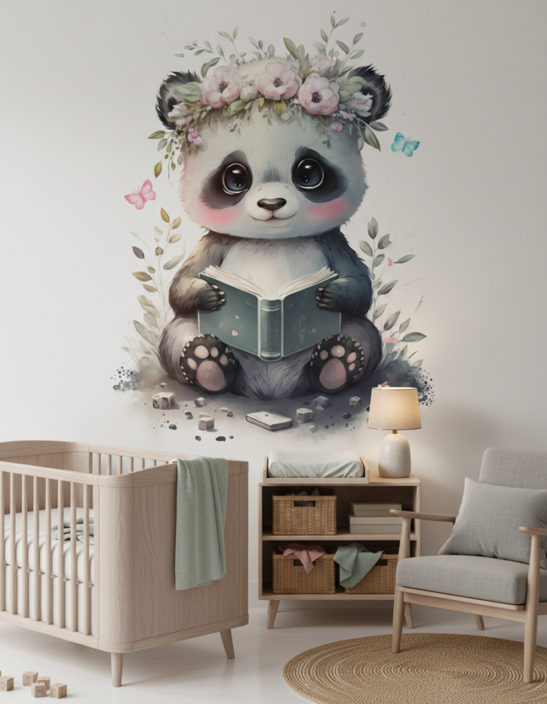 Papier Peint Panda Adorable avec Fleurs et Livre Aquarelle - Chambre bébé