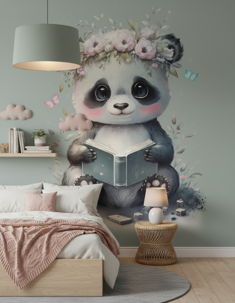 Papier Peint Panda Adorable avec Fleurs et Livre Aquarelle - Chambre enfant