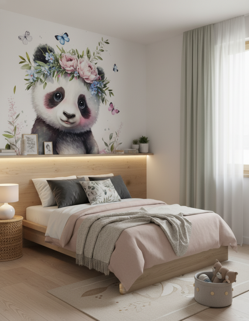 Papier peint panda fleuri avec couronne de pivoines et papillons - Chambre ado