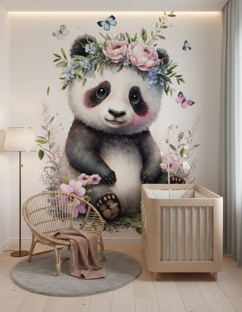 Papier peint panda fleuri avec couronne de pivoines et papillons - Chambre bébé