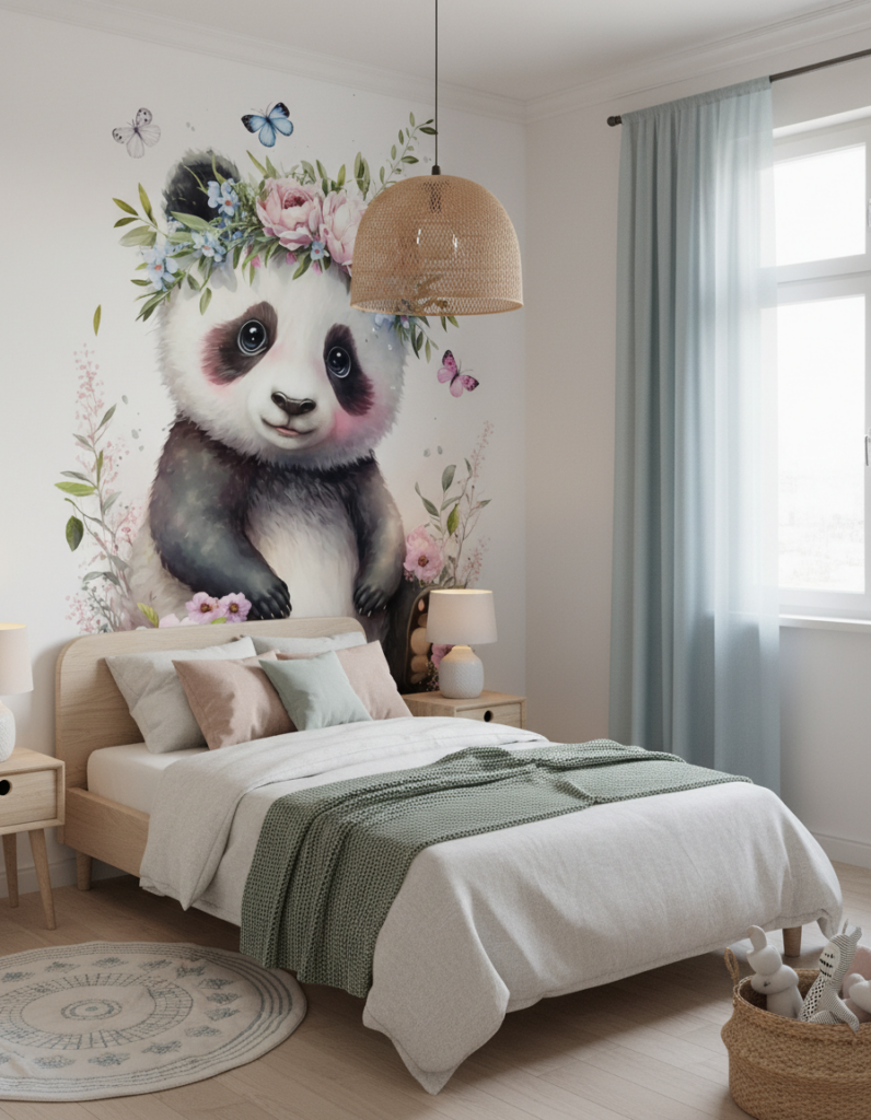 Papier peint panda fleuri avec couronne de pivoines et papillons - Chambre enfant