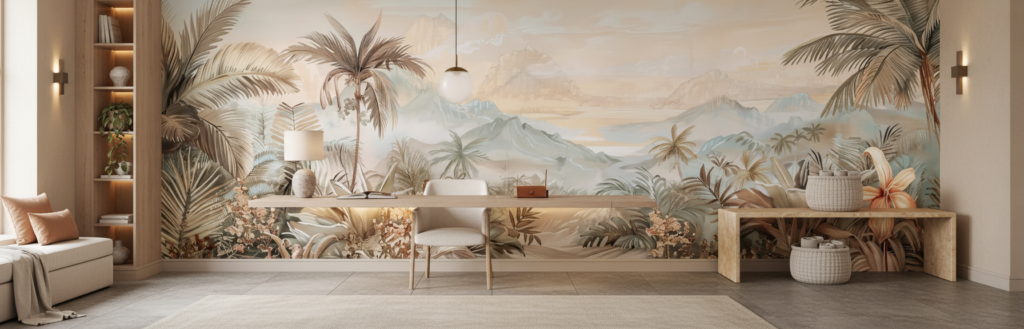 Papier peint panoramique jungle tropicale et montagnes brume dorée - Bureau