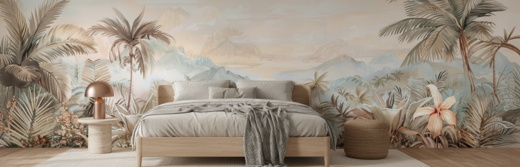 Papier peint panoramique jungle tropicale et montagnes brume dorée - Chambre adulte