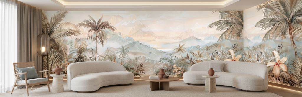 Papier peint panoramique jungle tropicale et montagnes brume dorée - Hôtel