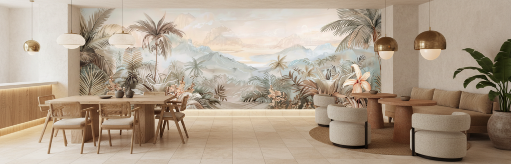 Papier peint panoramique jungle tropicale et montagnes brume dorée - Restaurant