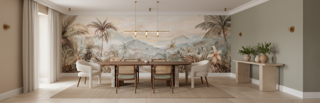 Papier peint panoramique jungle tropicale et montagnes brume dorée - Salle à manger