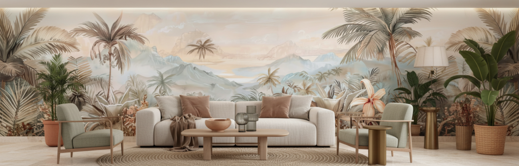 Papier peint panoramique jungle tropicale et montagnes brume dorée - Salon / Séjour