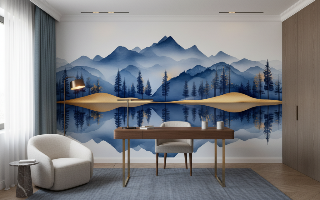 Papier peint panoramique montagne bleue reflet doré nature zen - Bureau