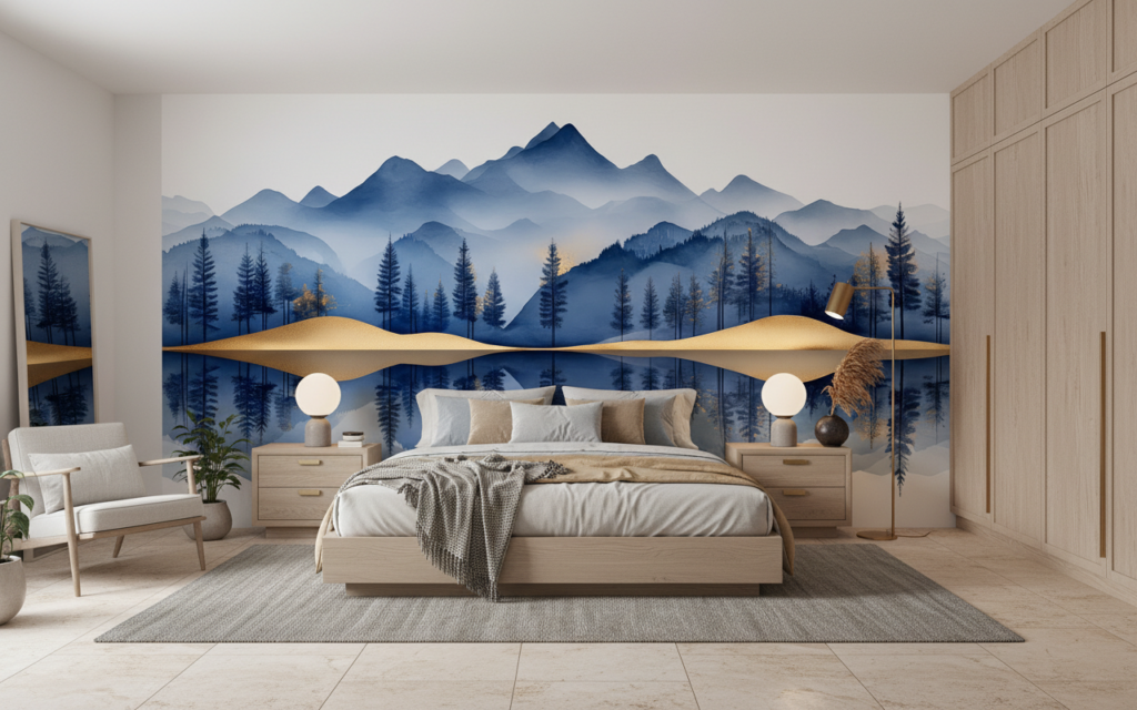 Papier peint panoramique montagne bleue reflet doré nature zen - Chambre adulte