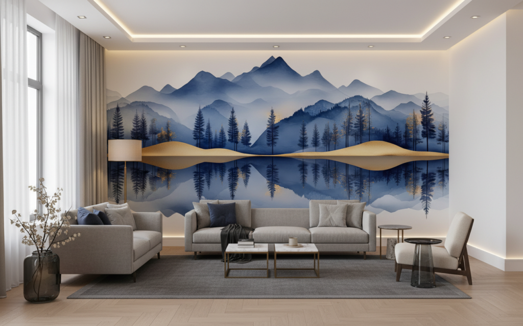 Papier peint panoramique montagne bleue reflet doré nature zen - Hôtel