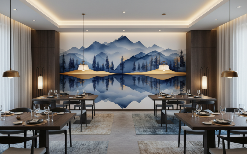 Papier peint panoramique montagne bleue reflet doré nature zen - Restaurant