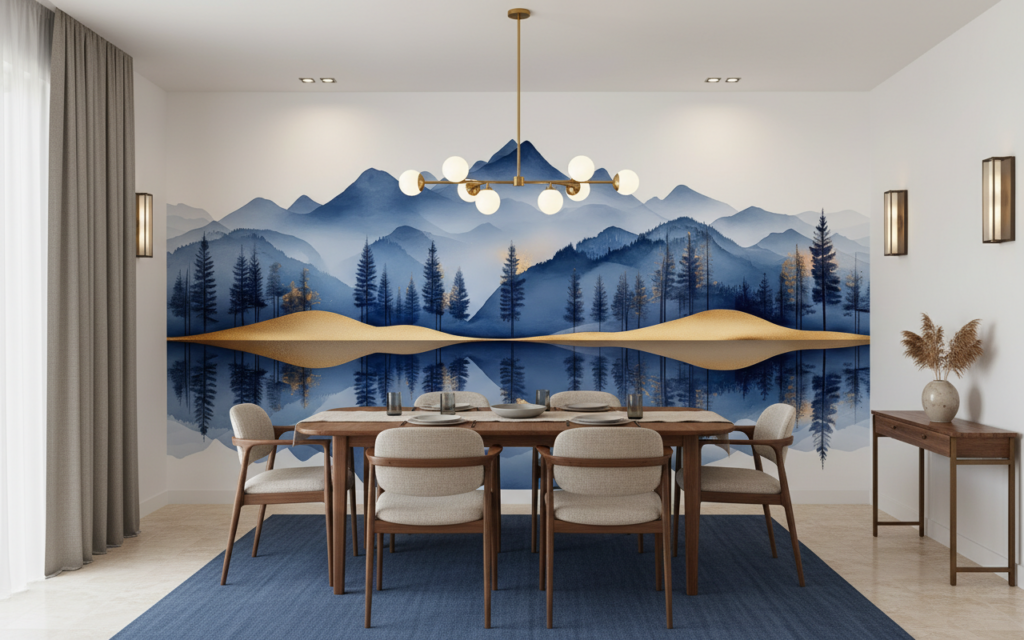Papier peint panoramique montagne bleue reflet doré nature zen - Salle à manger