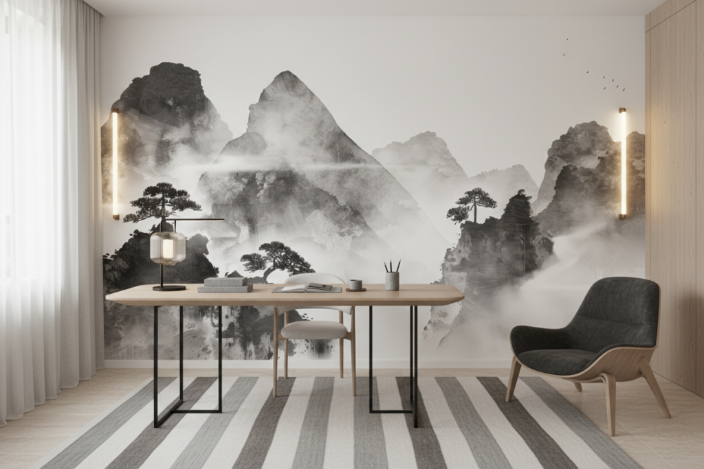 Papier peint paysage montagneux asiatique brumeux noir et blanc zen - Bureau