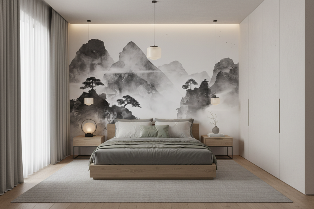 Papier peint paysage montagneux asiatique brumeux noir et blanc zen - Chambre adulte