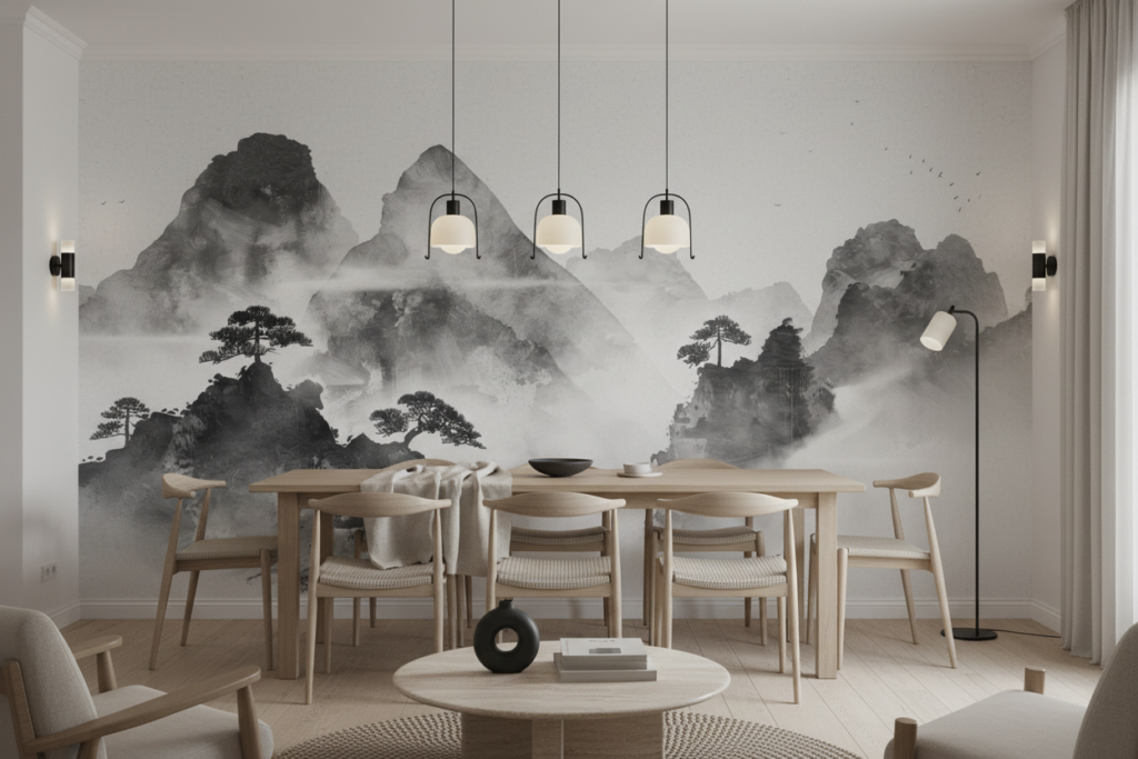 Papier peint paysage montagneux asiatique brumeux noir et blanc zen - Salle à manger