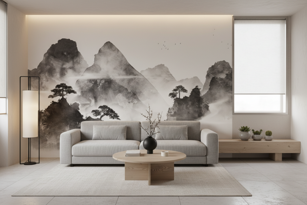 Papier peint paysage montagneux asiatique brumeux noir et blanc zen - Salon / Séjour