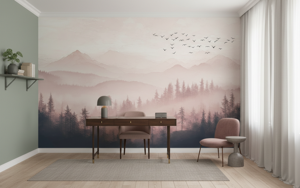 Papier Peint Paysage Montagneux Brumeux Tons Roses Nordique - Bureau