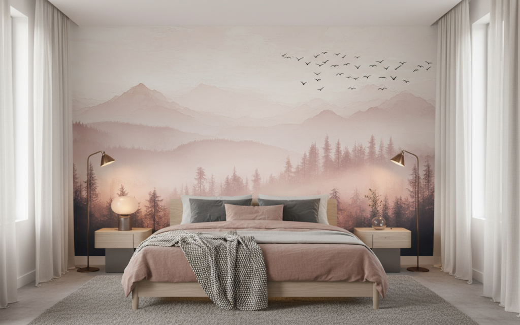 Papier Peint Paysage Montagneux Brumeux Tons Roses Nordique - Chambre adulte