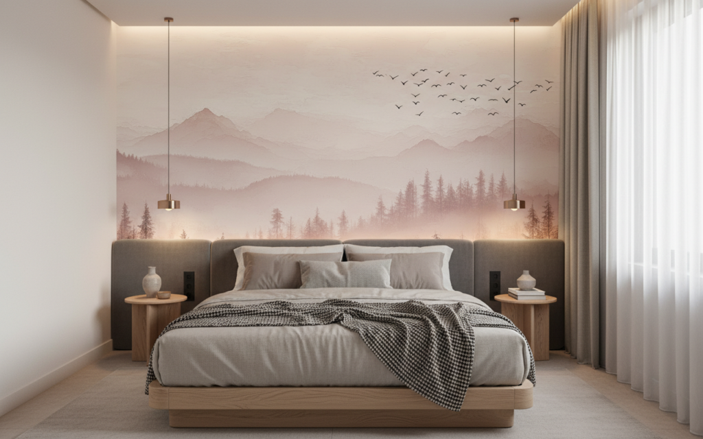 Papier Peint Paysage Montagneux Brumeux Tons Roses Nordique - Hôtel