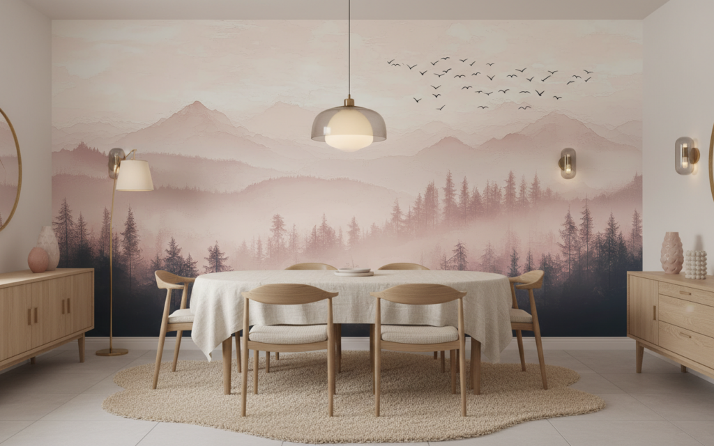 Papier Peint Paysage Montagneux Brumeux Tons Roses Nordique - Salle à manger