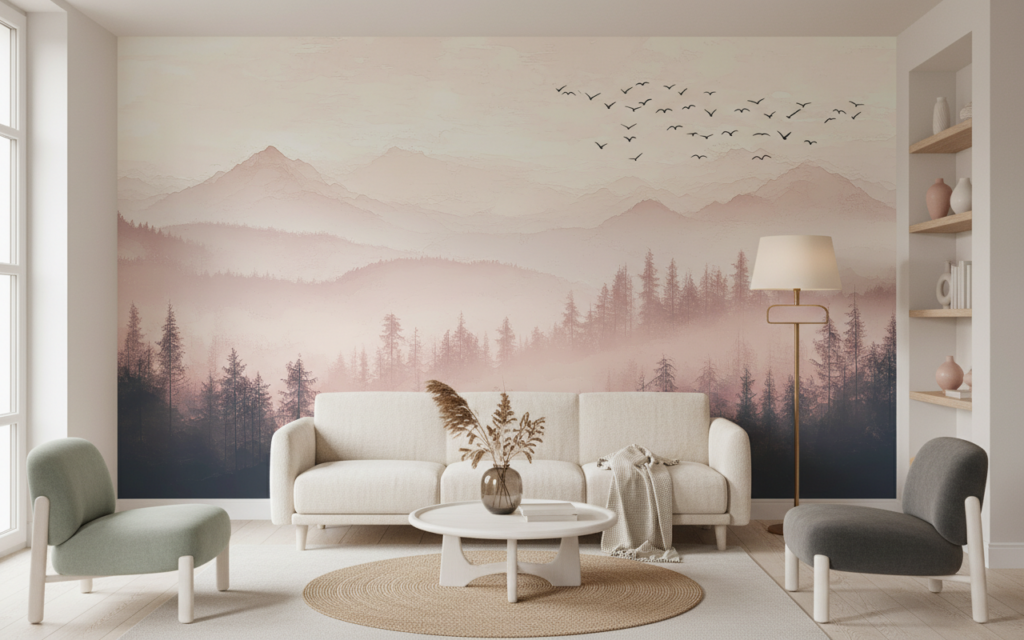 Papier Peint Paysage Montagneux Brumeux Tons Roses Nordique - Salon / Séjour