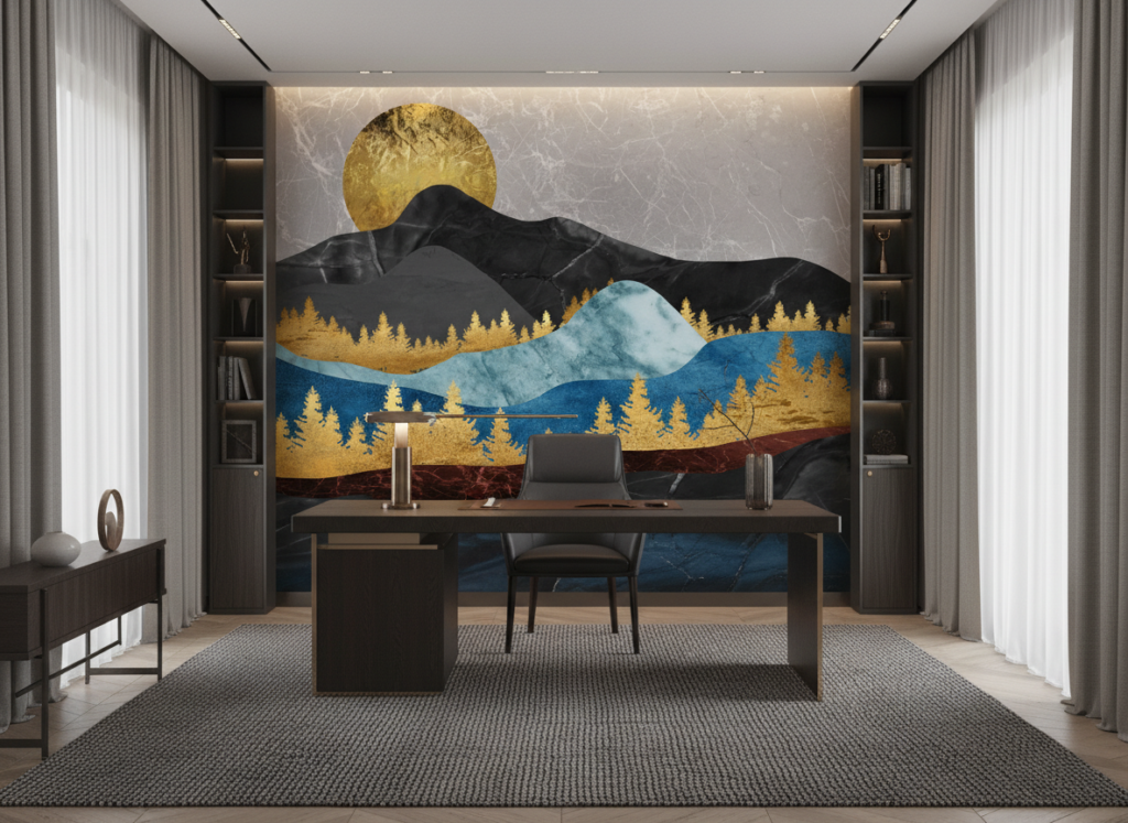 Papier Peint Paysage Montagneux Doré Bleu Style Japonais Moderne - Bureau