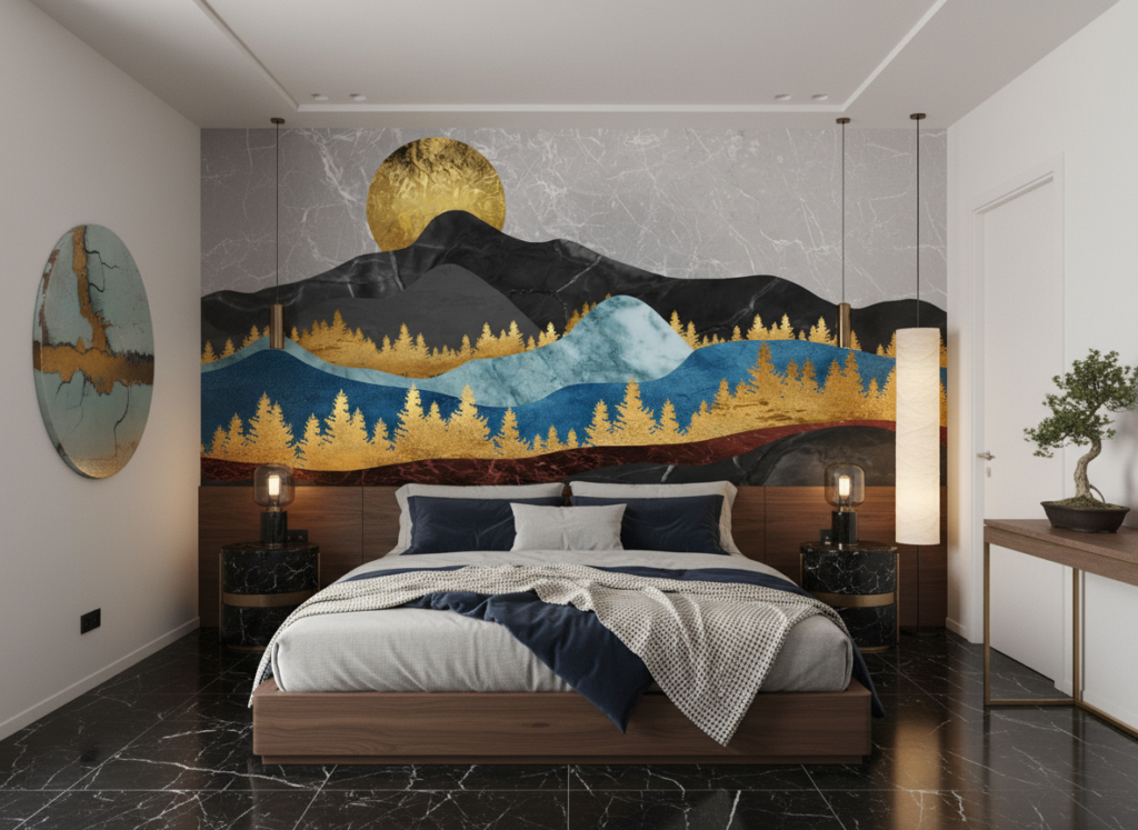Papier Peint Paysage Montagneux Doré Bleu Style Japonais Moderne - Chambre adulte