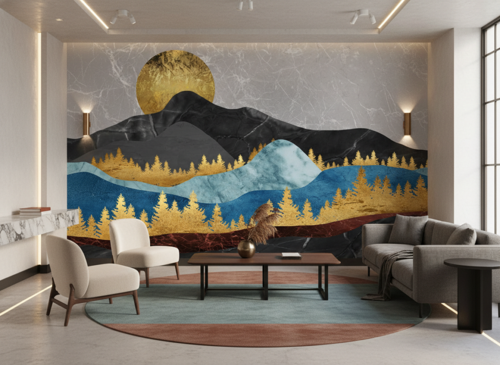 Papier Peint Paysage Montagneux Doré Bleu Style Japonais Moderne - Hôtel