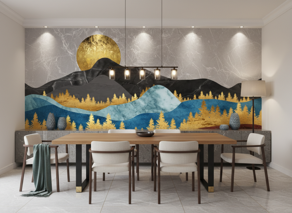 Papier Peint Paysage Montagneux Doré Bleu Style Japonais Moderne - Salle à manger