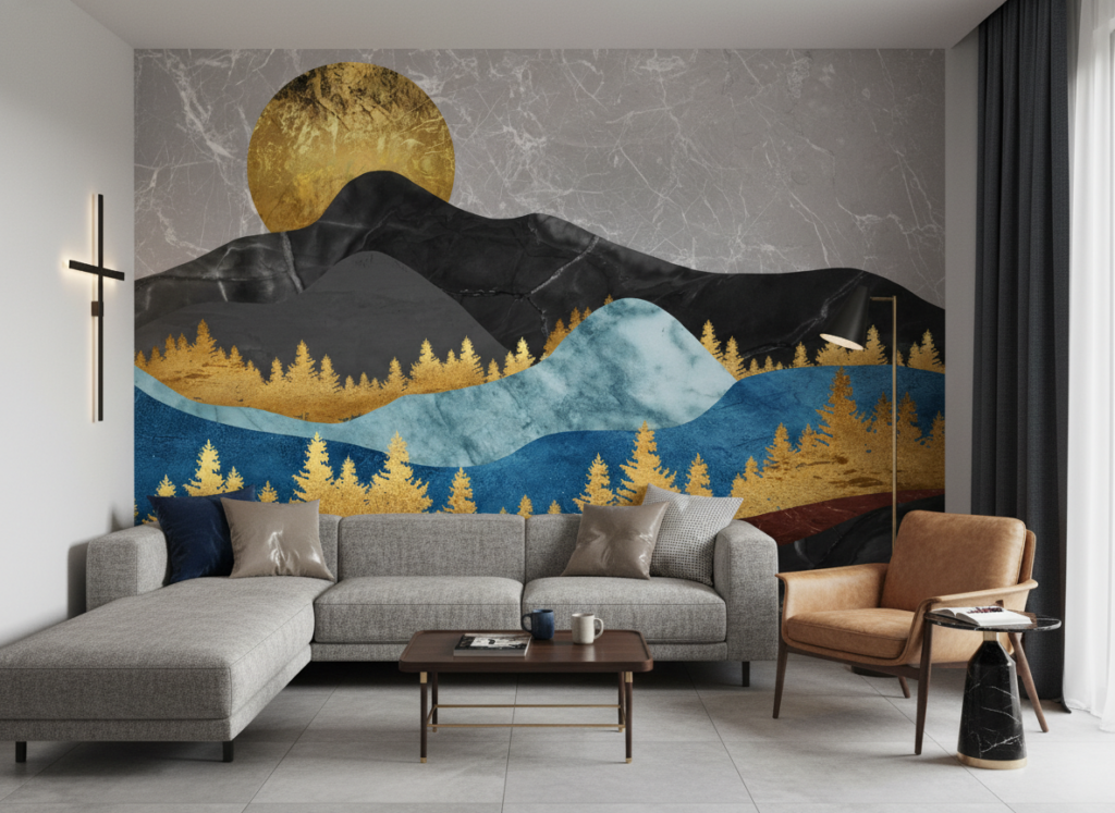 Papier Peint Paysage Montagneux Doré Bleu Style Japonais Moderne - Salon / Séjour