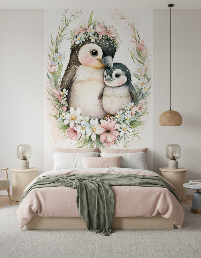 Papier Peint Pingouins Tendres Couronne de Fleurs Pastel - Chambre adulte