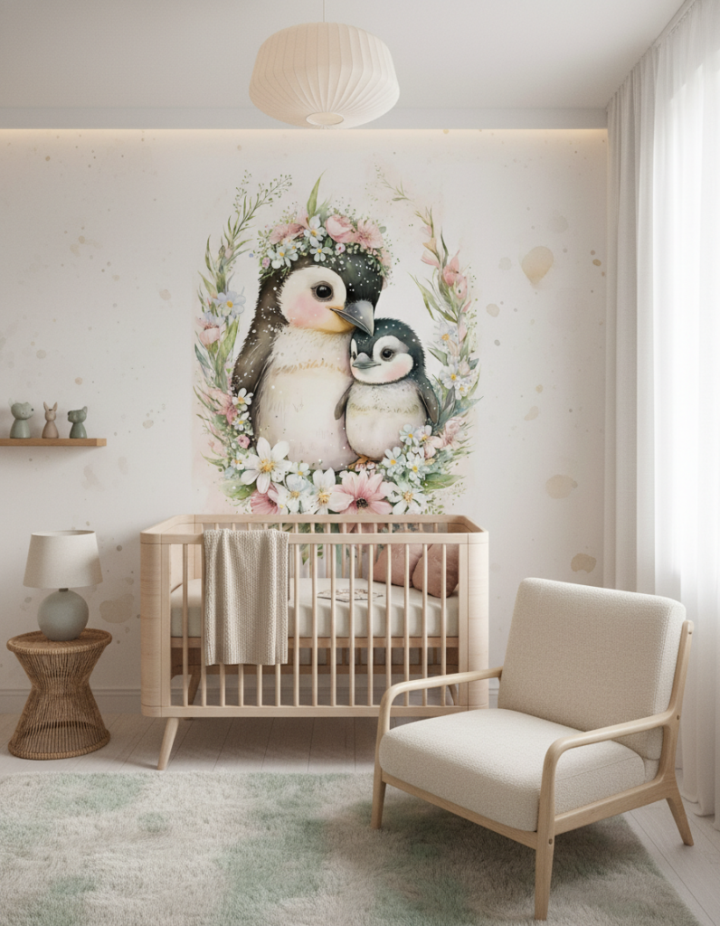 Papier Peint Pingouins Tendres Couronne de Fleurs Pastel - Chambre bébé