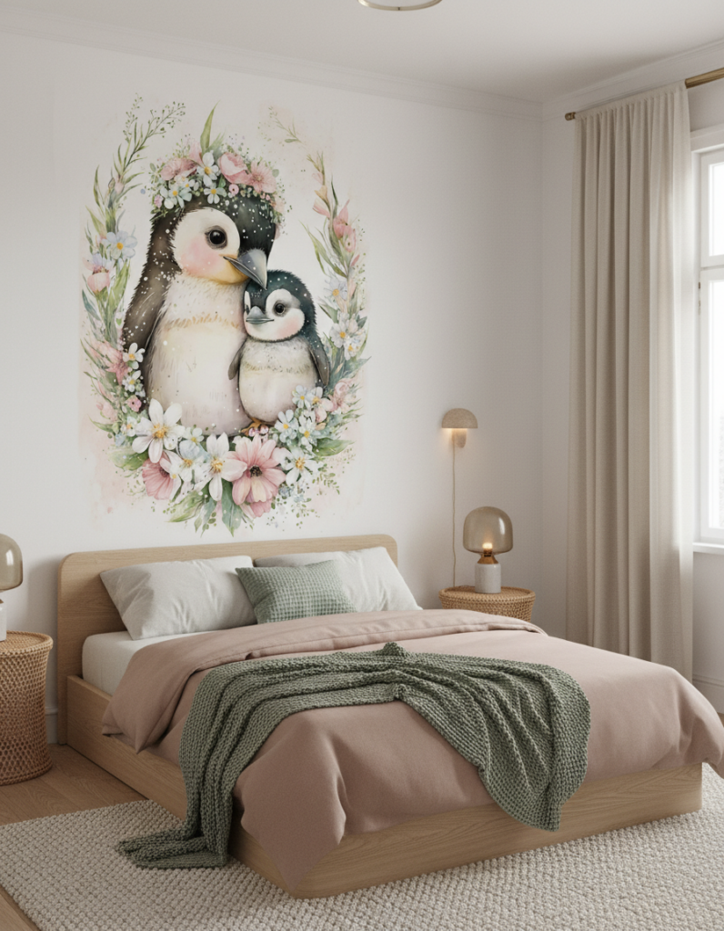 Papier Peint Pingouins Tendres Couronne de Fleurs Pastel - Chambre enfant