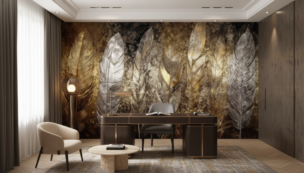 Papier Peint Plumes Dorées et Argentées sur Fond Texturé Vintage - Bureau