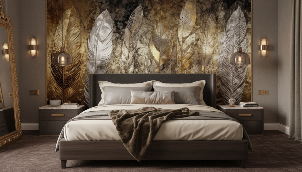 Papier Peint Plumes Dorées et Argentées sur Fond Texturé Vintage - Chambre adulte