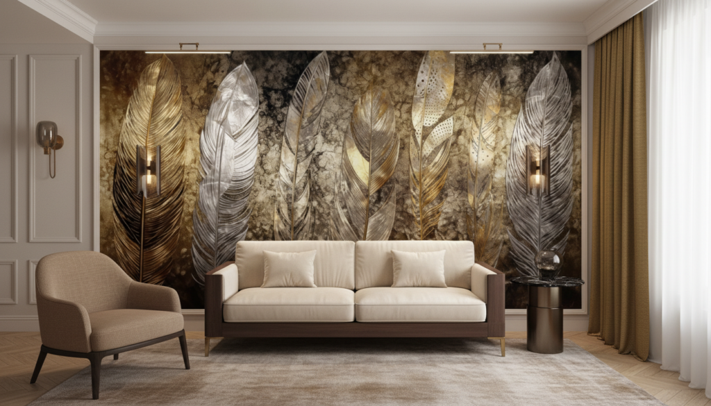 Papier Peint Plumes Dorées et Argentées sur Fond Texturé Vintage - Hôtel