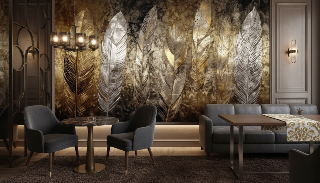 Papier Peint Plumes Dorées et Argentées sur Fond Texturé Vintage - Restaurant