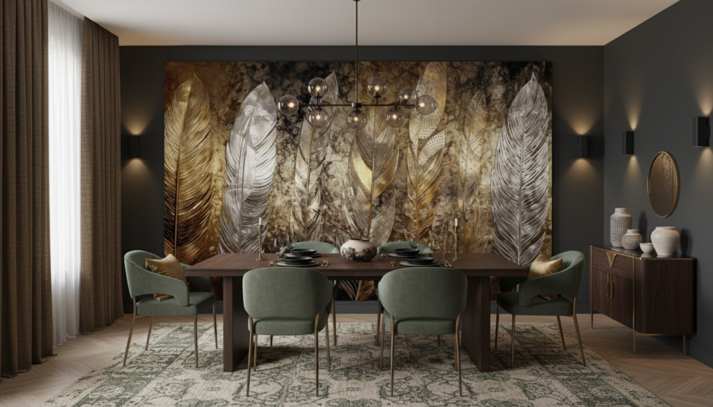 Papier Peint Plumes Dorées et Argentées sur Fond Texturé Vintage - Salle à manger