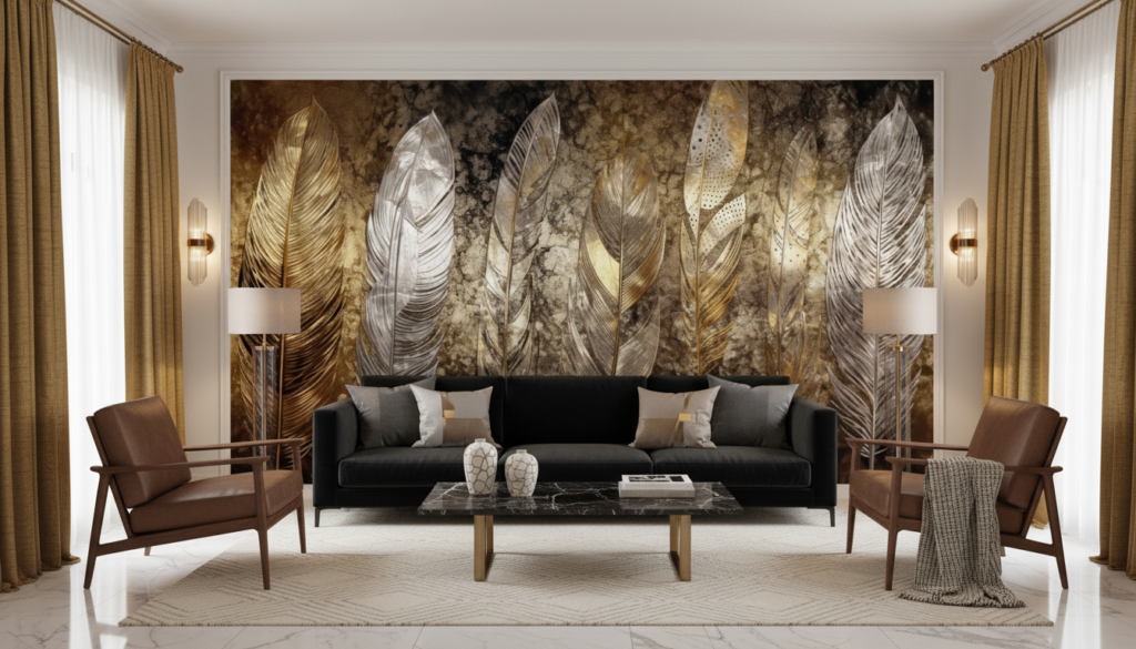 Papier Peint Plumes Dorées et Argentées sur Fond Texturé Vintage - Salon / Séjour
