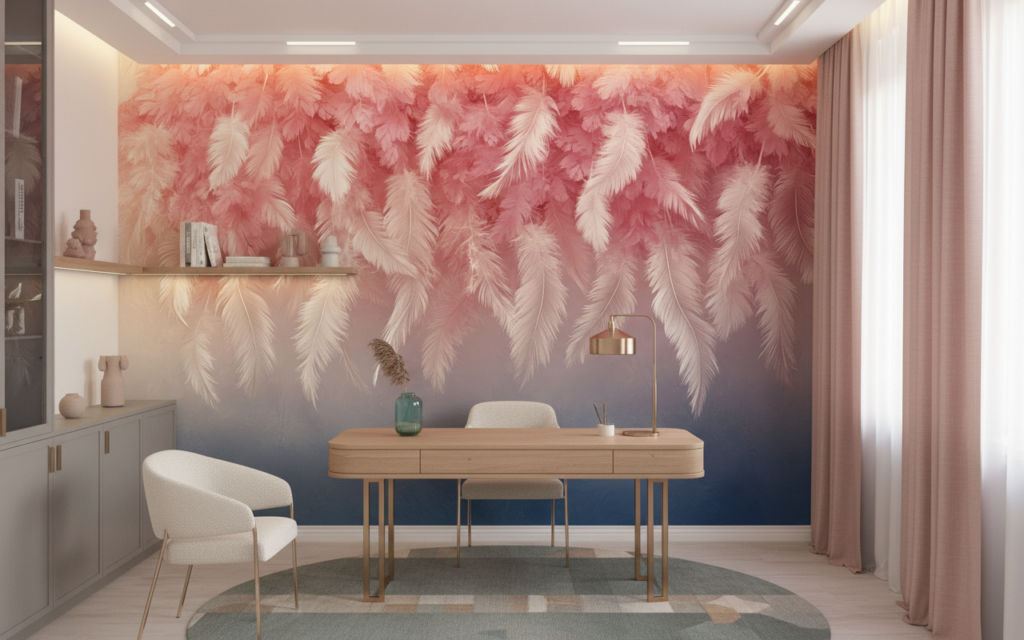 Papier Peint Plumes Roses Dégradé Bohème Chic Moderne - Bureau