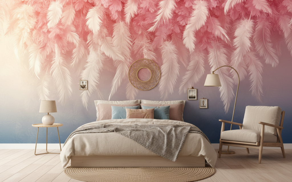 Papier Peint Plumes Roses Dégradé Bohème Chic Moderne - Chambre ado