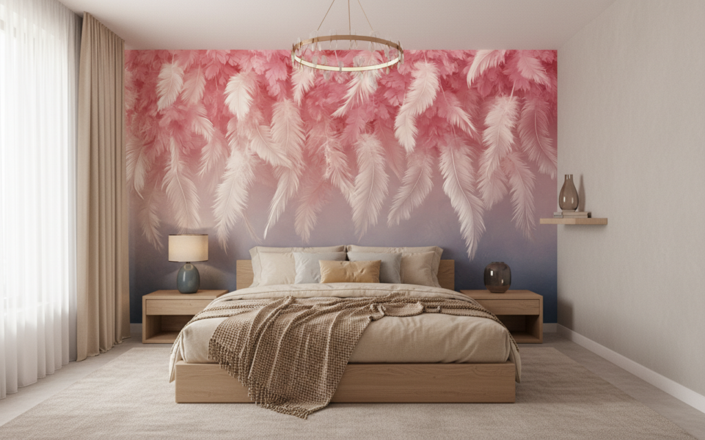 Papier Peint Plumes Roses Dégradé Bohème Chic Moderne - Chambre adulte