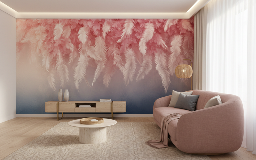 Papier Peint Plumes Roses Dégradé Bohème Chic Moderne - Salon / Séjour