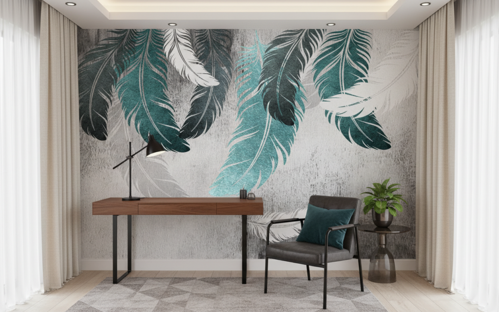 Papier peint plumes tropicales turquoise et blanc sur béton gris - Bureau