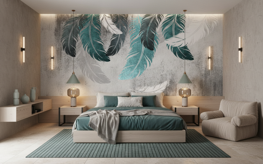 Papier peint plumes tropicales turquoise et blanc sur béton gris - Chambre adulte