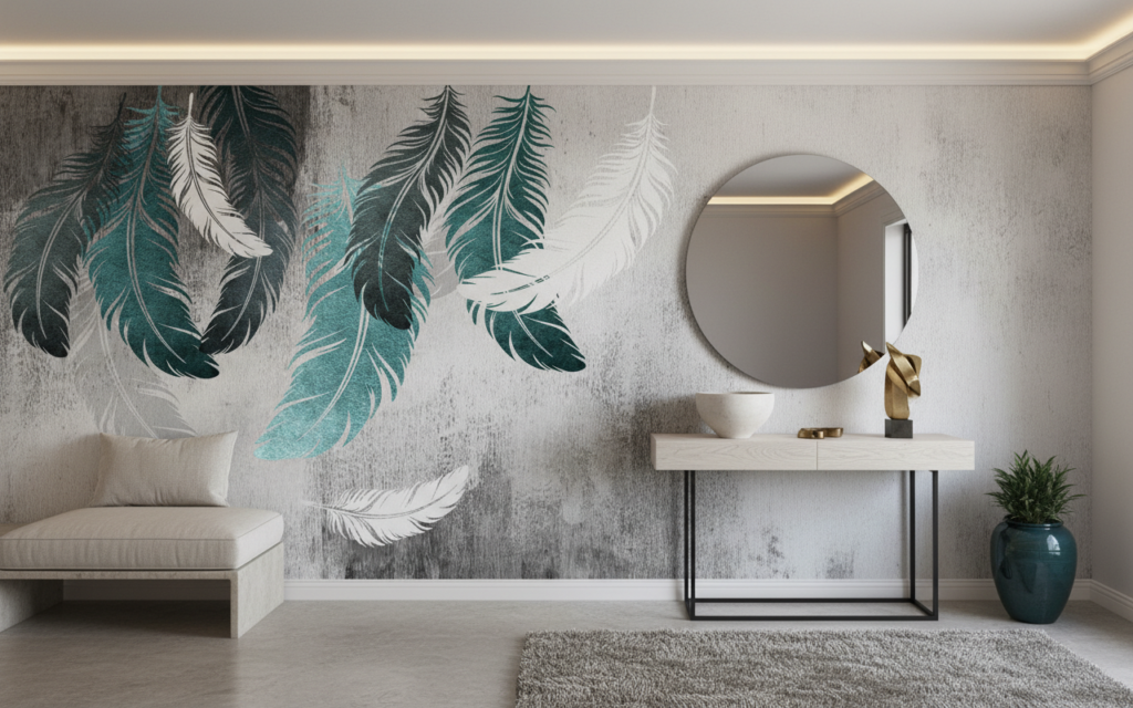 Papier peint plumes tropicales turquoise et blanc sur béton gris - Entrée