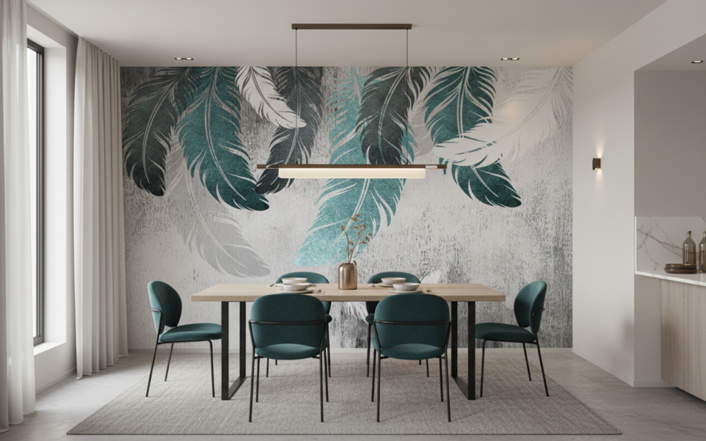 Papier peint plumes tropicales turquoise et blanc sur béton gris - Salle à manger
