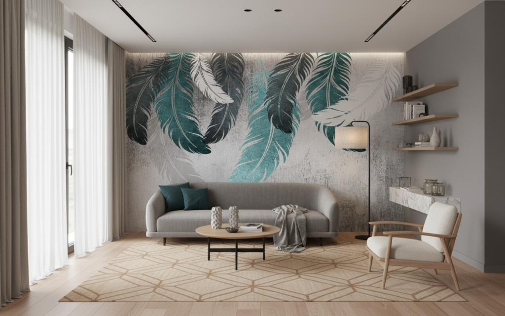 Papier peint plumes tropicales turquoise et blanc sur béton gris - Salon / Séjour