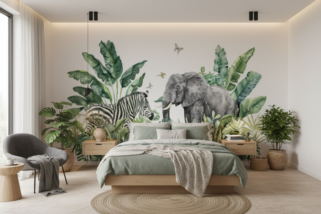 Papier Peint Safari Tropical Éléphant Zèbre Jungle Exotique Aquarelle - Chambre adulte