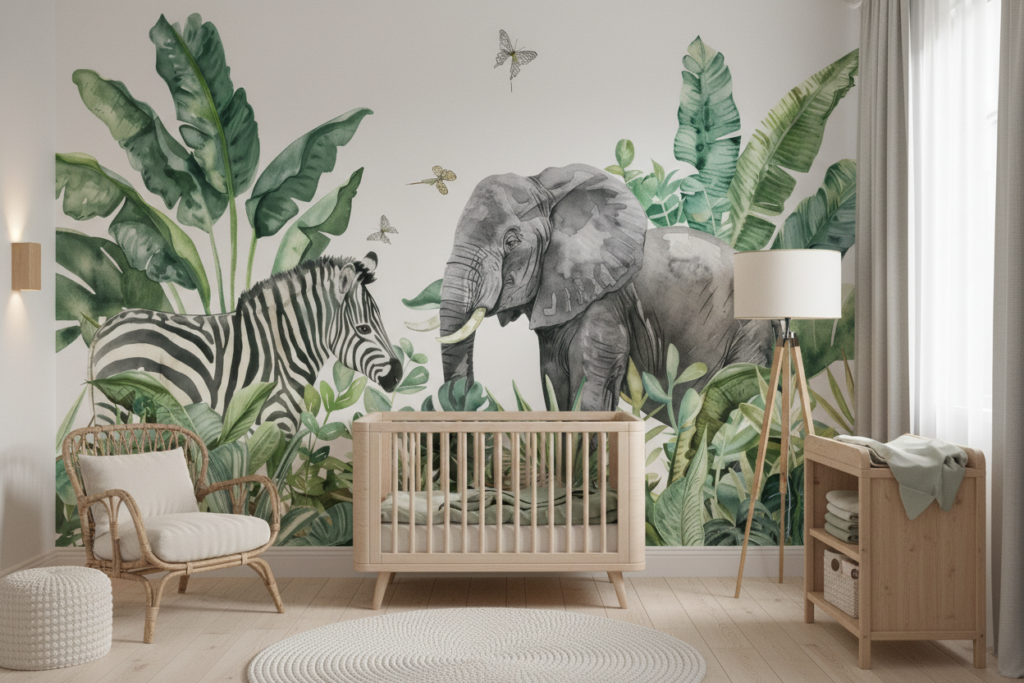 Papier Peint Safari Tropical Éléphant Zèbre Jungle Exotique Aquarelle - Chambre bébé